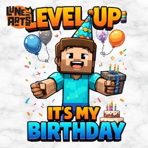 Level Up Birthday PNG | Gamer Boy Birthday Shirt Design | Pixel Art Birthday Party Clipart Digital Download