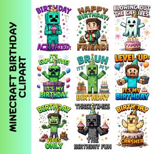 Pacote de camisetas de aniversário da mina em PNG, design de aniversário de trepadeira, camisetas para festa de jogos infantis, camisetas da mina para imprimir, aniversário digital em PNG SVG