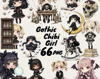 Gothic Witch Girl PNG Bundle | 66 High-Resolution Transparent Files | Chibi Dark Academia Halloween Aesthetic Art | Instant Digital Download