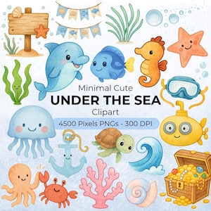 52 adorables imágenes PNG de animales marinos, criaturas marinas y elementos submarinos: manualidades, invitaciones, impresiones y más.