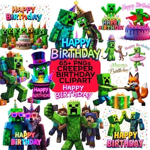 65+ Creeper Geburtstag PNG-Bundle | Minecraft-inspirierte Geburtstag Clipart | Party Dekor | Digitaler Download | Gamer Geburtstagssticker