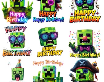 May include: A collection of nine colorful digital illustrations featuring pixelated green characters with various accessories. Each character has the words "Happy Birthday" in different fonts and colors. Some characters wear sunglasses, pirate hats, or party hats.