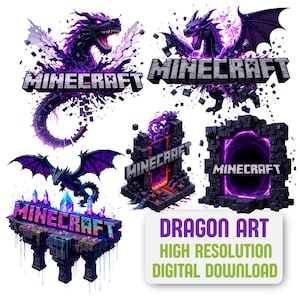 Gaming-logo's met 5 pixels | Enderdraak, Nether Portal, Pixel Art | Digitale download | 300 dpi game-png van hoge kwaliteit