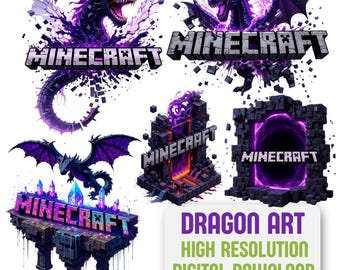 5 Pixel Gaming Logos | Ender Dragon, Nether Portal, Pixel Art | Digital Download | 300 DPI High Quality Game PNG
