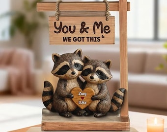 Stojąca para zwierząt z efektem 3D – spersonalizowana tabliczka z drewna – prezent na rocznicę, walentynki dla niego, prezent dla niej