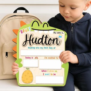 Custom Roaring Into My First Day of School Sign - Personalized Wooden Board - Writable Back to School Dinosaur Photo Prop for Kids K-12