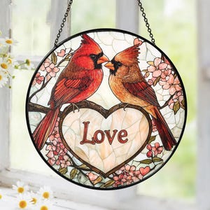 Cardinal Love Stained Glass Suncatcher, Window Hanging,Cardinal Lover,Bird Glass Art Memorial Suncatcher, Home Decor for couple, Couple Gift