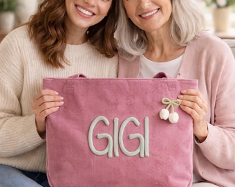 Spersonalizowana torba typu Gigi Tote, prezent-niespodzianka z okazji Dnia Matki dla babci, spersonalizowana torebka z grubej włóczki z imitacją sztruksu, prezenty od wnuków, torba dla babci
