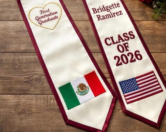 Spersonalizowany szal na ukończenie szkoły z dwiema flagami, spersonalizowany pas dla absolwentów pierwszego pokolenia rocznika 2025-2026, szal z dwiema flagami dziedzictwa