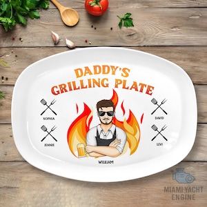 Daddy’s Grilling Plate Personalized BBQ Platter with Cartoon Dad and Kids’ Names,Custom Father's Day Gift for Grill Master Dad from Children