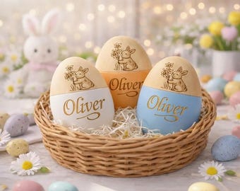 Spersonalizowane drewniane jajko wielkanocne, niestandardowa nazwa z wygrawerowanym pustym napisem, upominek na pierwsze święta wielkanocne