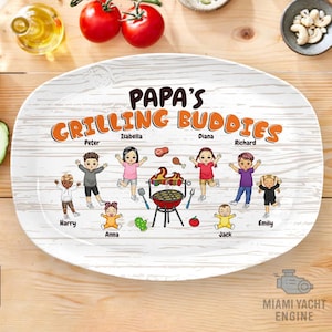 Papa’s Grilling Buddies Custom Platter, Personalized Cartoon Grandkids with Names, Unique Father’s Day Gift for Grandpa Who Loves Grilling