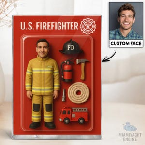 Custom Firefighter Acrylic Block Gift with Face and Name, Personalized 3D Figurine Decor, Unique Fireman Appreciation or Graduation Gift