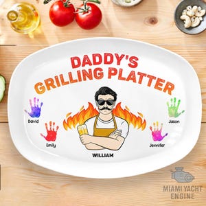 Custom Daddy’s Grilling Platter with Kids’ Handprints and Names – Personalized BBQ Plate Gift for Dad, Father’s Day Grill Lover Present