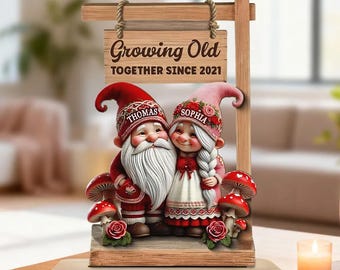 Spersonalizowana, walentynkowa para krasnali z efektem 3D, stojąca, spersonalizowana, dwuwarstwowa drewniana tabliczka, prezent dla niego, prezent dla niej