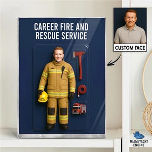 Bloque acrílico de bombero personalizado con figuras de acción 3D, nombre y cara personalizados. Regalo para bomberos.