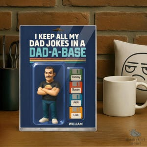 May include: A novelty gift item featuring a figurine of a man with crossed arms, a black shirt, and blue jeans. The packaging reads "I KEEP ALL MY DAD JOKES IN A DAD-A-BASE" with names on floppy disks. The base is blue.