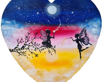 Original Fairy World Acrylic Painting – Heart Canvas, Fantasy Artwork