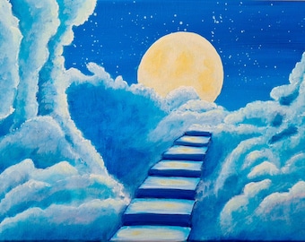 Puede incluir: Una pintura de una escalera que conduce a una gran luna amarilla en un cielo azul con nubes blancas. La luna está rodeada de estrellas.