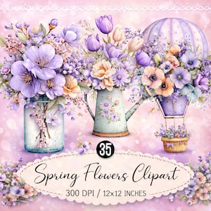Spring Clipart Bundle, 35+ Floral PNG, Pastel Watercolor Flowers, Butterfly Clipart, Instant Download, 300 DPI