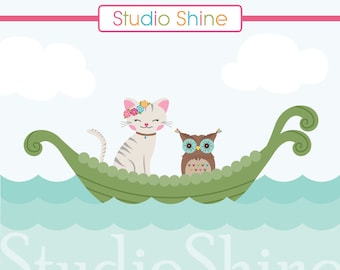 Digital Clipart | The Owl and the Pussycat | Nautical, cat, owl, boat, flowers digital clip art | Instant Download Clipart Commercial Use