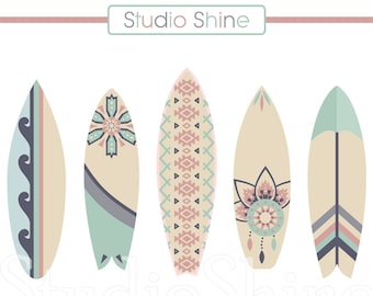 Digital Clipart, Boho Boards, Beach Surfboard Clip Art, PNG Files Vector EPS Instant Download Clipart Personal and Commercial Use