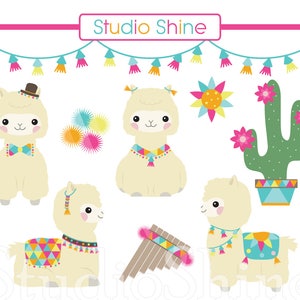 May include: A set of cartoon llamas with decorative blankets, bow ties, and a hat. The image also includes a cactus with pink flowers and a pan flute. The text "Studio Shine" is displayed at the top of the image.