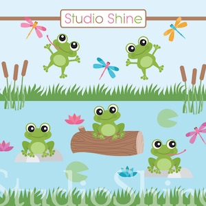 Puede incluir: Una ilustraci&oacute;n caprichosa con ranas verdes, lib&eacute;lulas y nen&uacute;fares en un estanque. Las ranas est&aacute;n en varias poses, algunas con la lengua fuera. El texto "Studio Shine" est&aacute; en la parte superior.