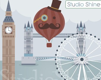 Digital Clipart - Old London Town - Hot air balloon clipart, digital clip art, travel, adventure - Instant Download Clipart Commercial Use
