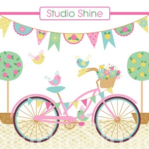 May include: A charming illustration of a pink bicycle decorated with bunting and birds. A basket on the handlebars is filled with flowers. The image includes the text "Studio Shine" at the top.