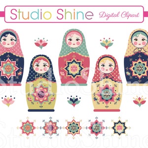 May include: Set of six colourful nesting dolls with intricate geometric patterns. Each doll has a different facial expression and a floral design on the bottom. The dolls are arranged in a row with a row of floral designs below them.