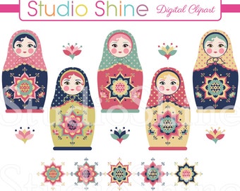 Russian Doll Clipart - Beautiful Digital Clip Art Matryoshka Doll Cute Nesting Dolls Babushka Dolls Instant Download Clipart Commercial Use