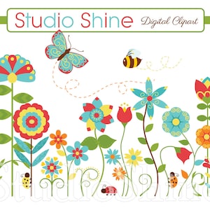 Blomma Clipart - Lycka Blommar - Söt blomma nyckelpiga fjäril bi clipart - Direkt nedladdning Clipart personlig och kommersiell användning