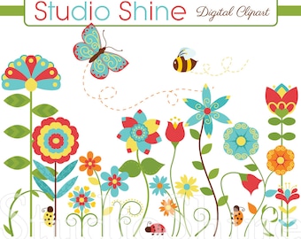 Flower Clipart - Happiness Blooms - Cute flower ladybug butterfly bee clip art - Instant Download Clipart Personal and Commercial Use