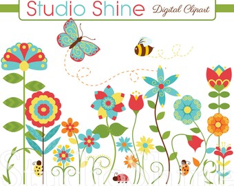 Flower Clipart - Happiness Blooms - Cute flower ladybug butterfly bee clip art - Instant Download Clipart Personal and Commercial Use