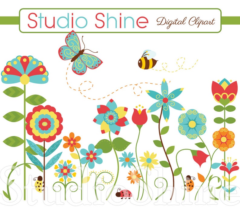 Flower Clipart Happiness Blooms Cute flower ladybug butterfly bee clip art Instant Download Clipart Personal and Commercial Use image 1
