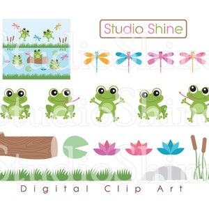 Puede incluir: Clipart digital con ranas de dibujos animados, lib&eacute;lulas, nen&uacute;fares y juncos. Las ranas son verdes con ojos grandes, algunas con la lengua fuera. Las lib&eacute;lulas son de varios colores. Tambi&eacute;n se incluye el texto "Studio Shine" y "Digital Clip Art".