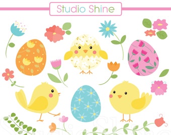 Easter Clipart - Happy Lil' Chicks - Cute Birds Clip Art Easter Eggs Spring Garden Clipart - Instant Download Clipart Commercial Use