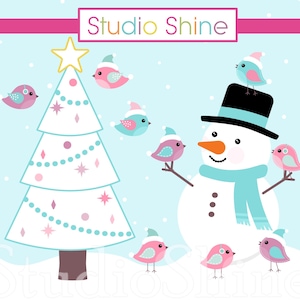 Noël blanc amusant numérique Clipart, mignon bonhomme de neige et oiseaux hiver fichiers PNG vecteur EPS Téléchargement instantané Usage personnel et commercial