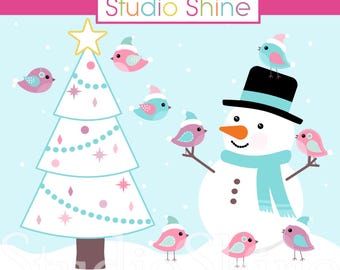 White Christmas Fun Digital Clipart, Cute Snowman and Birds Winter PNG Files Vector EPS Instant Download Personal and Commercial Use