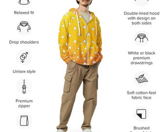 Puede incluir: Una sudadera con capucha amarilla y naranja con un patrón geométrico. La sudadera tiene un ajuste holgado, hombros caídos y una capucha de doble forro con un diseño en ambos lados. Cuenta con una cremallera de primera calidad y cordones blancos o negros.