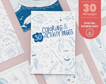 Dibujos para colorear del océano: 30 fichas de animales marinos dibujadas a mano (Descarga instantánea en PDF)