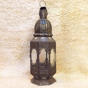 Handmade Moroccan Candle Lantern – Clear Glass & Metal Filigree Floor Lantern – Boho Hanging Light