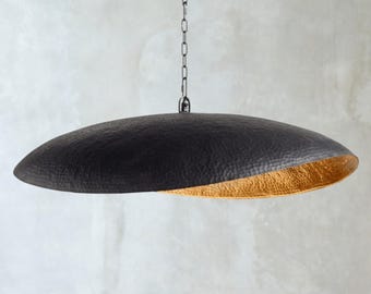 Black Gold Pendant Light, Hammered Brass Dome Lamp, Boho Dining Room, Ceiling Fixture