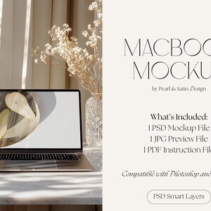 May include: A silver laptop displays a pear graphic on its screen, next to a vase of dried flowers. The text "MACBOOK MOCKUP" is visible, along with details about included files and compatibility with Photoshop and Photopea.
