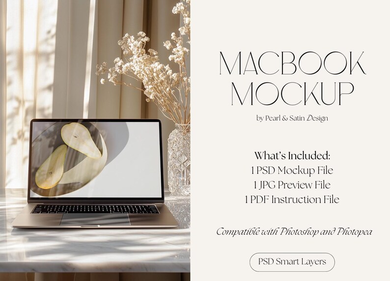 May include: A silver laptop displays a pear graphic on its screen, next to a vase of dried flowers. The text "MACBOOK MOCKUP" is visible, along with details about included files and compatibility with Photoshop and Photopea.