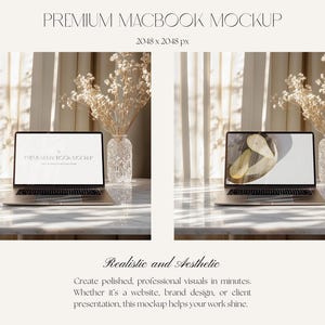 May include: Two MacBook mockups on a marble surface, showcasing a design. The text "PREMIUM MACBOOK MOCKUP" is at the top. The screen displays a design. A vase with dried flowers is to the right. The text "Realistic and Aesthetic" is below.