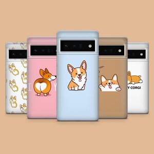 May include: Five different phone cases with a cute cartoon corgi design. The cases are in various colors, including pink, blue, brown, and white. The corgis are depicted in different poses, including sitting, standing, and lying down. The cases are all made of a durable material and are designed to protect your phone from scratches and drops.