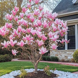 Op de afbeelding: Een bloeiende magnoliaboom met grote roze en witte bloesems. De boom staat in een tuin met groen gras, witte kiezels en een bakstenen pad. Een huis met een donker dak is zichtbaar.
