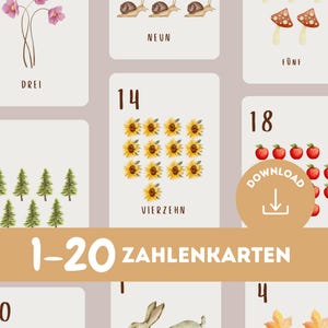 Cartes numériques de 1 à 20 | Apprendre à compter de manière ludique grâce aux motifs de la nature | Téléchargement numérique à imprimer pour la maison, la maternelle ou l'école